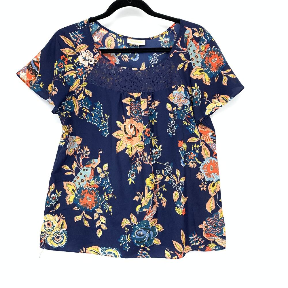 Modcloth Lace Yoke Flutter Sleeve Blouse Womens Sz M Blue Multi Floral Print